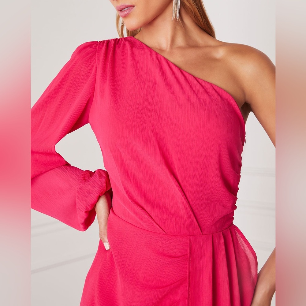 VICI Gaze One Shoulder Feather Bold Hot Pink Mini Party Cocktail Dress - Large - Picture 3 of 8
